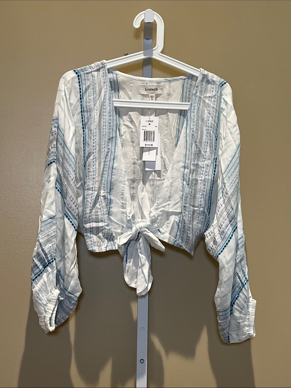 l*space White & Light Blue Striped Tie-Front Crop Blouse